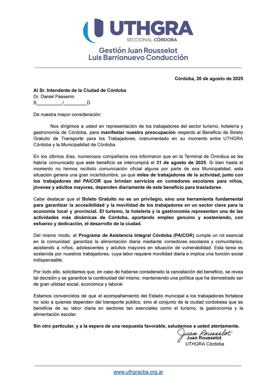 UTHGRA Córdoba solicita la continuidad del Boleto UTHGRA PAICOR para los trabajadores